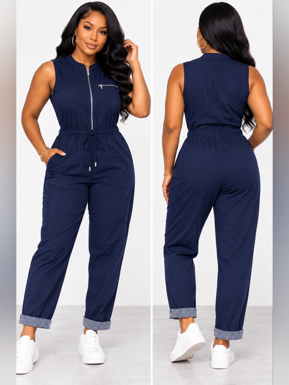 Uniq - Sleeveless Navy Zip-Front Jumpsuit with Drawstring Waist